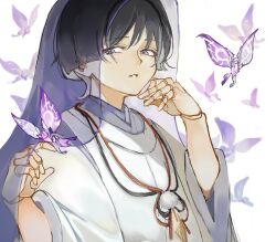 1boy black_hair blunt_ends clothing_cutout crystalfly_(genshin_impact) doll_joints eyeliner eyeshadow genshin_impact hands_up japanese_clothes joints kariginu kimono kingyo_(nyankomanjyuu15) layered_sleeves makeup male_focus mandarin_collar parted_lips pom_pom_(clothes) purple_eyes purple_kimono purple_sleeves purple_veil red_eyeliner red_eyeshadow scaramouche_(genshin_impact) scaramouche_(kabukimono)_(genshin_impact) see-through_clothes see-through_veil shoulder_cutout solo string upper_body veil white_background white_mouth white_sleeves wispy_bangs
