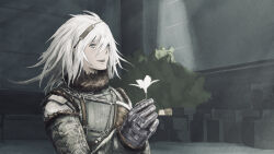 1boy absurdres armor blue_eyes commentary_request eshi_(eshi_lv3) flower from_side gloves hair_between_eyes hair_ornament highres holding holding_flower long_hair looking_ahead lunar_tear male_focus monochrome nier nier_(series) nier_(brother) parted_lips smile solo upper_body white_flower white_hair