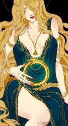1girl black_background black_dress blonde_hair breasts bright_pupils circlet closed_mouth commentary dress elden_ring english_commentary hair_over_one_eye highres king_of_red_dragon large_breasts long_hair ouroboros plunging_neckline queen_marika_the_eternal red_lips red_nails snake solo very_long_hair wavy_hair white_pupils yellow_eyes