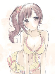 1girl :o baran._(ba_ra_ran) bikini blush breasts brown_hair cleavage collarbone flower front-tie_bikini_top front-tie_top hair_flower hair_ornament highres idolmaster idolmaster_cinderella_girls igarashi_kyoko large_breasts leaning_forward long_hair looking_at_viewer side_ponytail simple_background sketch solo swimsuit white_background yellow_bikini