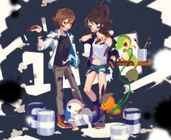 1boy 1girl black_hair black_jacket black_shirt blue_eyes boots brown_eyes brown_hair closed_eyes denim denim_shorts exposed_pocket full_body gen_5_pokemon hand_in_pocket highres hilbert_(pokemon) hilda_(pokemon) holding holding_paintbrush jacket looking_at_another navel nintendo open_mouth oshawott paint_can paint_roller paint_splatter paint_splatter_on_face paintbrush pokemon pokemon_(creature) pokemon_bw red_eyes red_footwear shirt shorts smile snivy tepig tied_shirt tongue tongue_out toume vine_whip white_jacket white_shirt