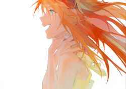 1girl arms_up blue_eyes chinese_commentary commentary_request crying crying_with_eyes_open dress eyelashes floating_hair hands_on_own_neck highres jiujiubashiyi136 neon_genesis_evangelion open_mouth orange_hair profile simple_background single_bare_shoulder solo souryuu_asuka_langley streaming_tears tears white_background yellow_dress