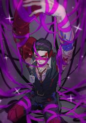 Rule 34 | 1boy, black hair, black pants, black vest, blood, closed mouth, collared shirt, e.g.o (project moon), full body, highres, killerohan, limbus company, long sleeves, looking at viewer, male focus, meursault (project moon), necktie, pants, pink eyes, pink ribbon, project moon, purple background, red necktie, ribbon, roseate desire (e.g.o), screwloose wallop (e.g.o), shirt, short hair, simple background, sitting, solo, vest, white shirt