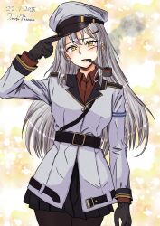 Rule 34 | 1girl, artist name, black pantyhose, black skirt, dated, facial scar, gangut (kancolle), grey hair, hair between eyes, hat, highres, hisamatomoki, jacket, kantai collection, long hair, long sleeves, looking at viewer, military hat, military jacket, mouth hold, one-hour drawing challenge, pantyhose, peaked cap, pipe in mouth, pleated skirt, red shirt, scar, scar on cheek, scar on face, shirt, skirt, smoking pipe, solo, white jacket, yellow eyes