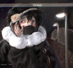 bandaged_head bandages black_hair black_nails blue_eyes coat highres injury lamppost mask mouth_mask night night_sky non-web_source sakubasan scar short_hair sky