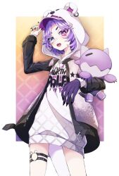 Rule 34 | 1girl, animal hood, bear hood, belt, black belt, black nails, black sleeves, blue eyes, clothes writing, dragon tail, dragoon (selen tatsuki), hair ornament, hood, hoodie, jacket, mil2, nijisanji, nijisanji en, o-ring, o-ring thigh strap, open clothes, open jacket, open mouth, purple eyes, selen tatsuki, short hair, sparkling eyes, tail, teeth, thigh strap, upper teeth only, virtual youtuber, white hoodie, zipper pull tab