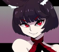 Rule 34 | 1girl, animal ear fluff, animal ears, azur lane, bare shoulders, black hair, bob cut, cat ears, close-up, closed mouth, collarbone, evil smile, fang, looking at viewer, mismatched eyebrows, portrait, red eyes, short hair, skin fang, smile, solo, straight-on, swept bangs, yamashiro (azur lane), yamashiro (meta) (azur lane), zuwoss