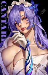 1girl absurdres artist_name breasts cantarella_(wuthering_waves) dress earrings fingernails flower gloves hair_between_eyes hair_flower hair_ornament hand_up headdress highres jewelry large_breasts lips long_hair looking_at_viewer mark_under_eye meister_staze mole mole_under_eye purple_eyes purple_flower purple_hair smile solo upper_body very_long_hair white_dress white_gloves wuthering_waves