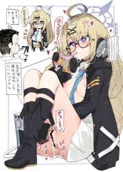1boy 1girl ahoge artificial_insemination bar_censor black-framed_eyewear black_footwear black_gloves blonde_hair blue_archive blue_halo blue_necktie blush boots braid breasts censored choker collared_dress comiket_102 commentary_request condom cum doodle_sensei_(blue_archive) dress drinking_from_condom full_body gloves gokkun hair_ornament hairclip halo headphones headphones_around_neck heart heart-shaped_pupils highres impregnation artificial_insemination kotama_(blue_archive) long_hair medium_breasts necktie nipples open_clothes open_dress open_mouth pregnant purple_eyes pussy sensei_(blue_archive) single_braid sitting solo_focus symbol-shaped_pupils translated two-tone_gloves ukyo_rst used_condom very_long_hair white_background white_dress yellow_gloves