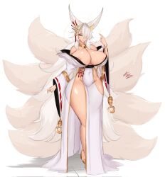 1girl animal_ear_fluff animal_ears areola_slip breasts fox_ears fox_girl fox_tail full_body gold_halo hair_ornament halo high_heels highres huge_breasts japanese_clothes kimono kitsune krass long_hair multicolored_hair multiple_tails narrow_waist original simple_background single_hair_streak solo standing streaked_hair tail very_long_hair white_background white_hair white_kimono wide_hips yang_(krass) yellow_eyes