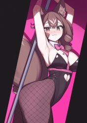 Rule 34 | 1girl, absurdres, animal ears, armpits, arms up, black leotard, blush, bow, bowtie, breasts, brown eyes, brown hair, closed mouth, clothing cutout, commission, cutout above navel, fang, fishnet pantyhose, fishnets, fox ears, fox girl, fox tail, heart cutout, highres, indie virtual youtuber, large breasts, leotard, liyonoko (vtuber), long hair, looking at viewer, non-web source, pantyhose, playboy bunny, pole, projectorzero, rabbit hole (vocaloid), solo, stripper pole, tail, vgen commission