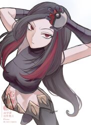1girl black_hair breasts crop_top gloves highres holding holding_poke_ball kagi0487_(weiss_9610) long_hair looking_at_viewer lucy_(pokemon) midriff multicolored_hair navel nintendo pants poke_ball poke_ball_(basic) pokemon pokemon_emerald pokemon_rse purple_gloves purple_hair red_eyes red_hair shirt sleeveless solo two-tone_hair very_long_hair