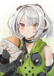 Rule 34 | 1girl, absurdres, anby demara, black gloves, blush, brown eyes, burger, dodo (yatotoyatoto), fingerless gloves, fingernails, food, gloves, hair between eyes, headphones, highres, holding, holding burger, holding food, looking at viewer, open mouth, short hair, sidelocks, solo, upper body, white hair, zenless zone zero