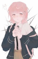 1girl baba_(uacd2233) backpack bag blush breasts brown_eyes brown_hair collared_shirt commentary_request danganronpa_(series) danganronpa_2:_goodbye_despair dated flipped_hair galaga hair_ornament highres hood jacket long_sleeves looking_at_viewer medium_hair nanami_chiaki neck_ribbon off_shoulder open_clothes open_jacket pink_bag pink_eyes pink_hair pleated_skirt ribbon shirt signature skirt solo white_background white_shirt