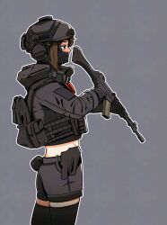 1girl absurdres black_eyes black_thighhighs brown_hair combat_helmet commentary ear_protection from_side grey_background grey_helmet grey_jacket grey_shorts gun helmet highres holding holding_gun holding_weapon holster hood hood_down hooded_jacket jacket load_bearing_vest mask midriff nyagurisushi original outline short_hair shorts sidelocks simple_background solo symbol-only_commentary thighhighs weapon weapon_request white_outline