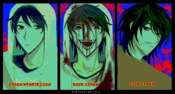Rule 34 | 3boys, bags under eyes, beard stubble, black eyes, black hair, black shirt, blood, blood from forehead, blood on clothes, blood on face, column lineup, crazy grin, cry of fear, english text, exhausted, facial hair, grey hoodie, highres, hood, hood up, hoodie, konicomchiee, looking at viewer, messy hair, multiple boys, multiple persona, multiple views, shirt, short hair, simon henriksson, simon henriksson (book), stubble