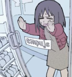 1girl azumanga_daiou black_hair brown_dress closed_eyes dress glass_door highres jacket kasuga_ayumu pantsu-ripper pushing red_jacket sign solo spanish_text translated you&#039;re_doing_it_wrong