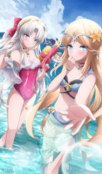 3girls absurdres alternate_costume anger_vein aqua_eyes bare_shoulders bikini blonde_hair blue_bikini blue_eyes blue_sarong blue_sky blush bow brant_(wuthering_waves) breasts carlotta_(wuthering_waves) cartethyia_(wuthering_waves) closed_mouth commentary_request crown_of_thorns day earrings hair_bow hand_up highres holding holding_water_gun jewelry long_hair looking_at_viewer medium_breasts multiple_girls navel off-shoulder_one-piece_swimsuit off_shoulder offering_hand official_alternate_costume one-piece_swimsuit outdoors pero_(wuthering_waves) phoebe_(wuthering_waves) pink_bow pink_one-piece_swimsuit pointy_ears roccia_(wuthering_waves) sarong signature sky smile stomach swimsuit tacet_mark_(wuthering_waves) very_long_hair wading water_gun wuthering_waves x3n