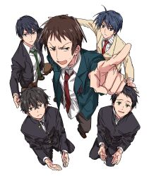 Rule 34 | 5boys, :d, black hair, black jacket, blazer, brown eyes, brown footwear, brown hair, brown pants, clannad, closed mouth, collared shirt, commentary request, company connection, crossover, free!, from above, fukube satoshi, gakuran, green eyes, green jacket, green necktie, hare hare yukai, highres, hikarizaka private high school uniform, hyouka, iwatobi high school uniform, jacket, kamiyama high school uniform (hyouka), kita high school uniform, kugucho, kyon, kyoto animation, loafers, long hair, long sleeves, looking at viewer, male focus, multiple boys, multiple crossover, nanase haruka (free!), necktie, okazaki tomoya, open clothes, open jacket, open mouth, oreki houtarou, pants, school uniform, shirt, shoes, short hair, simple background, smile, suzumiya haruhi no yuuutsu, white background, white shirt, winter uniform, yellow jacket