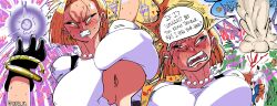 1boy 1girl ahegao android_18 artist_request ass bald bald_male blonde_hair blue_eyes blush couple dragon_ball english_text excited excited_for_sex groping huge_ass husband_and_wife kuririn large_penis penis source_request speech_bubble sweat thought_bubble