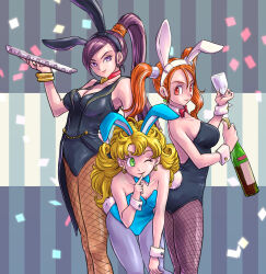 3girls animal_ear_hairband animal_ears bad_anatomy bare_shoulders bent_over black_hairband black_leotard black_pantyhose blonde_hair blue_bow blue_bowtie blue_hairband blue_leotard blue_pantyhose bottle bow bowtie bracelet breasts cleavage collarbone commentary_request confetti cup curly_hair detached_collar dragon_quest dragon_quest_iii dragon_quest_viii dragon_quest_xi drinking_glass earrings fake_animal_ears fake_tail finger_to_mouth fishnet_pantyhose fishnets gadabout_(dq3) gem gold_bracelet gold_earrings green_eyes green_gemstone hair_tubes hairband high_ponytail highres holding holding_bottle holding_cup holding_tray hoop_earrings in-franchise_crossover jessica_albert jewelry large_breasts leotard looking_at_viewer looking_back looking_to_the_side martina_(dq11) medium_breasts metal_hair_tubes multiple_girls official_alternate_costume one_eye_closed orange_hair pantyhose pekuchin_(pekuchin_3) playboy_bunny ponytail purple_hair rabbit_ears rabbit_tail red_bow red_bowtie red_eyes red_lips sideboob smile sphere_earrings striped_background tail tailcoat_playboy_bunny trait_connection tray twintails white_hairband wrist_cuffs
