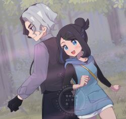 1boy 1girl :d amethio_(pokemon) black_gloves black_hair black_shirt blue_eyes blue_hair closed_mouth commentary_request day gloves grass grey_hair hair_ornament hairclip liko_(pokemon) looking_to_the_side multicolored_hair nintendo nm222 open_mouth outdoors pants pokemon pokemon_(anime) pokemon_horizons purple_eyes shirt shorts smile sweatdrop swept_bangs teeth tongue tree two-tone_hair upper_teeth_only vest watermark white_shorts
