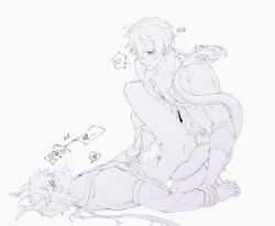 2boys buckleuppp chinese_text cum cum_on_body cum_on_lower_body dragon_horns dragon_tail genshin_impact greyscale heart highres holding_another&#039;s_arm horns monochrome multiple_boys pinned_arms sex speech_bubble tail tartaglia_(genshin_impact) white_background yaoi zhongli_(genshin_impact)