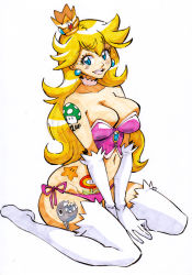 1-up_mushroom 1girl 1up blush chain_chomp character_tattoo clothes crown ear_piercing elbow_gloves female_focus fire_flower gloves long_hair looking_at_viewer mario_(series) nintendo open_mouth piercing princess_peach rafchu simple_background smile super_star_(mario) super_mario_bros._1 tattoo thighhighs white_background white_gloves white_thighhighs