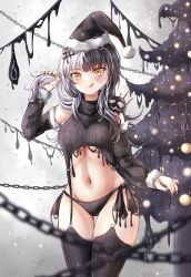 1girl :q absurdres alternate_costume arcturus2701 bikini black_bikini black_hair black_hat black_sweater black_thighhighs breasts christmas christmas_tree commentary cropped_sweater english_commentary hat highres hololive hololive_english large_breasts looking_at_viewer meme_attire multicolored_hair navel ribbed_thighhighs santa_hat shiori_novella solo split-color_hair sweater swimsuit thighhighs tongue tongue_out two-tone_hair virgin_destroyer_sweater virtual_youtuber white_hair yellow_eyes yorick_(shiori_novella)