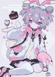 1girl :&lt; animal_bag animal_ears backpack bag bandaid bandaid_on_cheek bandaid_on_face black_choker black_ribbon black_shoes black_skirt blush_stickers cake chocolate_cake choker closed_mouth collared_shirt commentary_request commission contrast_collar cotono_(nazekun) food grey_hair hair_between_eyes hair_ornament heart heart_choker heart_hair_ornament highres holding holding_stuffed_toy hood hooded_jacket jacket long_sleeves miniskirt neck_ribbon open_clothes open_jacket original pink_eyes pink_hood pleated_skirt rabbit_bag rabbit_ears rabbit_hair_ornament ribbon shirt shoes short_hair sitting skeb_commission skirt sneakers solo star_(symbol) strawberry_shortcake stuffed_animal stuffed_rabbit stuffed_toy thigh_strap thighhighs v wariza watermark white_thighhighs x_hair_ornament yellow_bag yellow_shirt