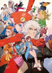 5girls 6+boys akira_mitsuru akutsumi ascot bird black_coat black_hair blonde_hair blowing_kiss blue_coat blue_eyes blue_eyeshadow box brown_hair cardboard_box classicaloid closed_mouth coat crossed_arms eyelashes eyeshadow franz_liszt_(classicaloid) franz_schubert_(classicaloid) frederic_chopin_(classicaloid) glasses gradient_background green_eyes green_shirt grin hasshii_(classicaloid) hat heart holding_baton in_box in_container johann_sebastian_bach_(classicaloid) kagura_sousuke looking_back ludwig_van_beethoven_(classicaloid) makeup multiple_boys multiple_girls orange_coat orange_eyes otowa_kanae otowa_kyougo outstretched_arm pad-kun_(classicaloid) pink-socks pink_hair puffy_shorts pyotr_illyich_tchaikovsky_(classicaloid) red_ascot red_hat ringed_eyes shirt shoebill shoes short_hair short_shorts shorts smile tekla_badarzewska-baranowska_(classicaloid) twintails v v-shaped_eyebrows white_hair white_shirt white_shoes wolfgang_amadeus_mozart_(classicaloid)