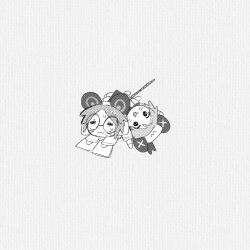 2boys :3 book chibi commentary_request facial_mark glasses grey_background greyscale hat highres kinder_surprised_michael_jr. lab_coat lying lying_on_person male_focus monochrome mouse_boy mouse_hat mouse_tail multiple_boys on_back randal&#039;s_friends ratman_3_(randal&#039;s_friends) round_eyewear sailor sailor_hat shieriru short_hair tail whisker_markings