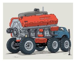 1other commentary_request engine exhaust_pipe from_side gatling_santouhei grey_background highres motor_vehicle original shadow simple_background suspension truck vehicle_focus wheel