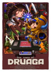 Rule 34 | 1girl, 2boys, 2others, arcade cabinet, armor, armored boots, artist name, beard, belt, bevor, black armor, black eyes, black hair, black knight (druaga), blue horns, boots, border, breastplate, brown belt, brown boots, brown gloves, brown hair, circlet, closed mouth, cloud, commentary, copyright name, creature, door, dress, druaga no tou, elbow gloves, electricity, english text, facial hair, fake horns, faulds, fingerless gloves, fingernails, fire, full beard, game screenshot inset, gauntlets, gilgamesh (druaga), gloves, glowing, green hat, green slime (druaga), hands up, hat, hat over eyes, helmet, highres, holding, holding shield, holding staff, holding sword, holding weapon, horned helmet, horns, index finger raised, jewelry, kainan, key, ki (druaga), knight, long beard, long hair, long nose, magic, multiple boys, multiple others, necklace, nose, roper, sharp fingernails, sheath, sheathed, shield, short dress, short hair, sky, slime (creature), smile, sorcerer (druaga), staff, standing, sword, tentacles, thigh boots, tower, treasure chest, tree, weapon, white border, white dress, white eyes, white hair, winged boots, wizard, wizard hat, yellow armor, yellow eyes, | |