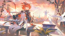 1girl arknights artist_name bird black_gloves black_jacket breasts chinese_commentary city commentary_request copyright_name dress exusiai_(arknights) exusiai_the_new_covenant_(arknights) fingerless_gloves gloves hair_over_one_eye halo highres jacket long_sleeves looking_at_viewer medium_breasts medium_hair official_art on_railing one_side_up open_clothes open_jacket railing red_eyes renjian_shilian sitting solo statue thighhighs white_bird white_dress white_thighhighs wide_sleeves wind wings