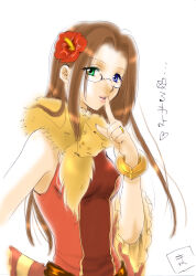 1girl animal animal_around_neck black-framed_eyewear blue_eyes breasts brown_hair commentary_request detached_sleeves dress flower fox glasses green_eyes hair_flower hair_ornament heterochromia highres index_finger_raised jewelry long_hair looking_at_viewer medium_breasts open_mouth professor_(ragnarok_online) ragnarok_online red_dress red_flower red_sleeves ring simple_background sleeveless sleeveless_dress smile solo striped_sleeves translation_request upper_body white_background yellow_sleeves yuki_minaduki