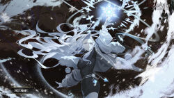 Rule 34 | 1girl, black dress, blue eyes, breasts, dress, floating, floating hair, fur-trimmed jacket, fur trim, game cg, garam zahard, glowing, grey eyes, grey hair, grey jacket, highres, jacket, long hair, long sleeves, looking up, medium breasts, official alternate hairstyle, outstretched arms, pale skin, parted lips, partially shaded face, red nails, simple background, snow, snowflakes, solo, sunsumizu, tower of god, tower of god: great journey, zipper