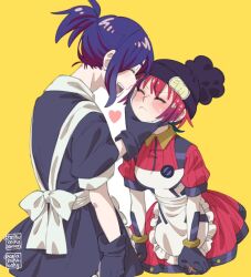 Rule 34 | 1boy, 1girl, alternate costume, amate yuzuriha, androgynous, apron, ariamikukanzaki, beanie, black dress, blue hair, blush, closed eyes, colored inner hair, crossdressing, dress, enmaided, frilled apron, frills, gloves, gundam, gundam gquuuuuux, hat, heart, maid, maid apron, male maid, multicolored hair, open mouth, pom pom (clothes), pom pom beanie, ponytail, purple hair, red hair, short hair, shuji ito, simple background, smile, squeezing cheeks, sweatdrop, trap, two-tone hair, white apron, yellow background
