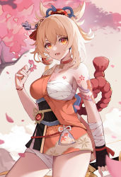 1girl absurdres bandages breasts chest_sarashi fingerless_gloves flower genshin_impact gloves hair_ornament highres japanese_clothes kimono looking_at_viewer medium_breasts mxr open_mouth orange_eyes orange_hair orange_kimono sarashi smile solo tattoo yoimiya_(genshin_impact)