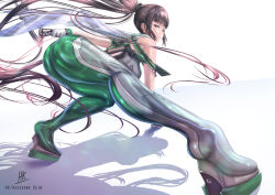 1girl artist_name ass bare_shoulders blood_edge_(stellar_blade) brown_eyes brown_hair eve_(stellar_blade) female_focus highres holding holding_sword holding_weapon kein_hasegawa long_hair planet_diving_suit_(7th)_(stellar_blade) ponytail shiny_skin simple_background skin_tight stellar_blade sword thighs very_long_hair weapon white_background
