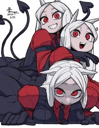 3girls :d animal_ears black_gloves black_necktie black_pants black_vest bone_nigi cerberus_(helltaker) commentary dated demon_tail dog_ears dog_girl gloves grin helltaker highres long_hair long_sleeves looking_at_viewer multiple_girls necktie open_mouth pants parted_bangs red_eyes red_shirt shirt siblings simple_background sisters smile tail teeth triplets upper_teeth_only vest white_background white_hair wing_collar