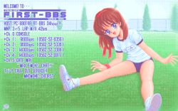 1990s_(style) 1991 1girl :d ad bare_legs blue_eyes brown_hair buruma chain-link_fence day dithering english_text engrish_text female_focus fence field fog full_body grass gym_uniform hair_ribbon leaning_forward long_hair looking_at_viewer non-web_source open_mouth pc-98_(style) pc98 phone_number pixel_art ranguage retro_artstyle ribbon shoes signature sitting smile sneakers solo spread_legs sweatband tree wristband