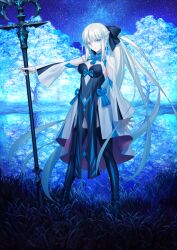Rule 34 | 1girl, arm at side, black boots, black bow, black dress, blue background, blue bow, blue choker, blue eyes, blue theme, boots, bow, braid, breasts, choker, cleavage, closed mouth, clothing cutout, dress, expressionless, fate/grand order, fate (series), floating hair, full body, game cg, gradient hair, hair bow, hand up, high collar, holding, holding polearm, holding weapon, legs apart, long dress, long hair, long sleeves, looking at viewer, medium breasts, morgan le fay (fate), multicolored hair, official art, outstretched arm, overskirt, pelvic curtain, polearm, ponytail, shrug (clothing), sidelocks, skirt, sky, sleeveless, sleeveless dress, solo, standing, star (sky), starry sky, stomach cutout, strapless, strapless dress, takeuchi takashi, tassel, thigh boots, third-party source, variant set, very long hair, weapon, white hair, white shrug, white skirt, wide sleeves