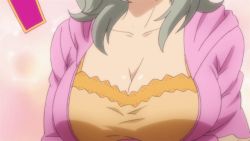 10s 1girl animated animated_gif binbougami_ga! bouncing_breasts breasts cleavage female_focus green_eyes grey_hair large_breasts sakura_ichiko smile solo