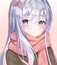 1girl absurdres blue_eyes blush bow closed_mouth eromanga_sensei gradient_background hair_between_eyes hair_bow highres izumi_sagiri long_hair pink_background pink_bow pink_scarf ram_art12 scarf silver_hair solo upper_body