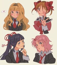 black_hair black_jacket blonde_hair blunt_bangs blush_stickers brown_hair capelet collared_shirt commentary cropped_torso english_commentary fujisaki_nagihiko hair_tie hinamori_amu jacket kiraraboshi looking_at_viewer mashiro_rima necktie one_eye_closed pink_hair ponytail red_capelet red_necktie school_uniform shirt shugo_chara! simple_background tongue tongue_out twintails v yuiki_yaya
