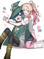 2girls black_skirt blonde_hair blue_eyes blue_hair blush boots bracelet brown_boots cloak clothes_around_waist collared_shirt earrings gradient_hair green_cloak green_hat green_scarf grey_jacket grey_shorts hair_between_eyes hair_ornament hair_over_one_eye hair_ribbon hair_scrunchie hairclip hand_on_another&#039;s_headwear hand_up hat hat_belt hat_feather heart heart_earrings heart_hair_ornament highres hug hug_from_behind instrument jacket jewelry kedarui_aashii kimi_no_koto_ga_dai_dai_dai_dai_daisuki_na_100-nin_no_kanojo knee_boots kneeling knees_up leggings_under_shorts long_hair long_sleeves looking_at_viewer loose_socks miniskirt multicolored_hair multiple_bracelets multiple_girls nail_polish nakaji_uto ocarina ohananomitsu_high_school_uniform ohananomitsu_middle_school_uniform one_eye_covered one_side_up open_mouth parted_bangs pink_hair pink_nails pink_ribbon pink_socks pink_sweater pleated_skirt ribbon ring scarf school_uniform scrunchie shirt shoe_belt short_hair shorts simple_background sitting skirt sleeves_rolled_up socks surprised sweat sweater sweater_around_waist teeth thighhighs too_many_hair_ornaments upper_teeth_only utiponn wavy_mouth white_background white_shirt wide-eyed wizard_hat