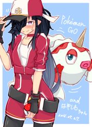 10s 1girl 2016 alternate_costume alternate_hairstyle anchor_symbol baseball_cap belt black_hair blush copyright_name cosplay creatures_(company) dated eyes_visible_through_hair female_protagonist_(pokemon_go) female_protagonist_(pokemon_go)_(cosplay) fingerless_gloves game_freak gen_1_pokemon gloves goldeen hair_over_one_eye hat hayashimo_(kancolle) holding holding_poke_ball jockey kantai_collection leggings looking_at_viewer nintendo poke_ball poke_ball_(basic) pokemon pokemon_go ponytail purple_eyes ru2n131 shirt sleeves_rolled_up smile translated white_shirt