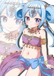 1girl arabian_clothes bandeau bare_shoulders blue_eyes blue_hair blush bracelet collarbone hatuyuki_1017 highres jewelry long_hair looking_at_viewer midriff navel necklace ongeki see-through_clothes sitting skirt solo strapless suzushima_arisu tube_top zoom_layer