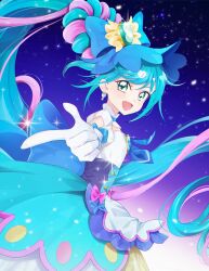 Rule 34 | 1girl, absurdres, blue bow, blue eyes, blue hair, bow, brooch, cure spicy, delicious party precure, dress, earrings, gloves, gradient background, hair bun, hair rings, heart, heart brooch, highres, huge bow, jewelry, long hair, looking at viewer, magical girl, medium dress, minchyae, open mouth, precure, purple background, single hair ring, smile, triple bun, very long hair, white gloves